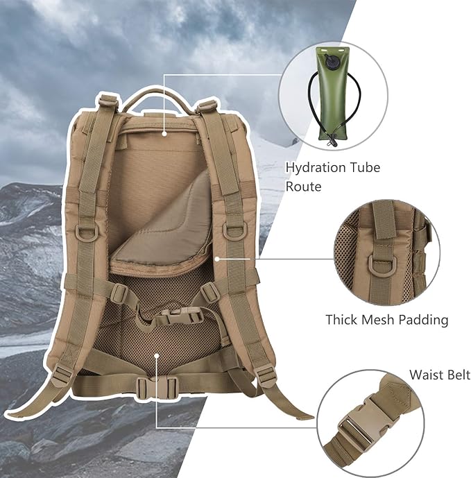 Hannibal Tactical MOLLE Assault Pack Tactical Backpack Military Army Camping Rucksack 3-Day Pack Trip w/USA Flag Patch D-Rings Coyote