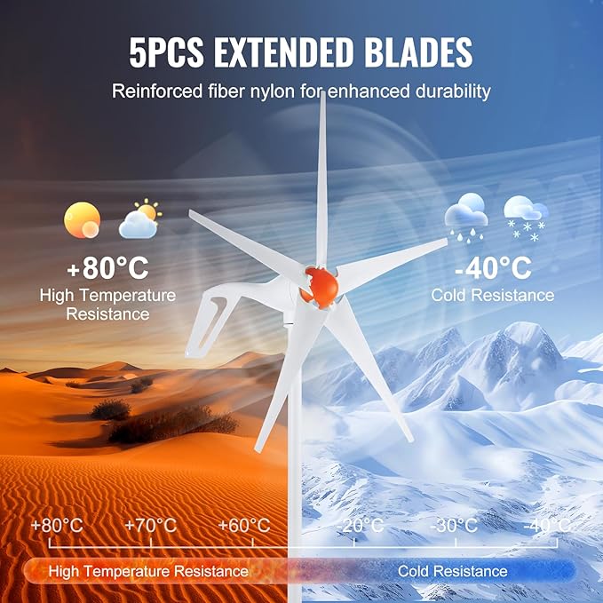 VEVOR 500W Wind Turbine Generator 12V Wind Turbine Kit 5-Blade Wind Power Generator with MPPT Controller Adjustable Windward Direction &amp 2.5m/s Start Wind Speed Suitable for Home Farm RVs B