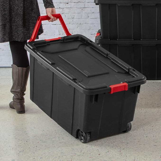 Sterilite 8-Pack Industrial Tote Heavy-Duty Storage Bins w/Lids and Wheels 40 Gallon - Stackable Organizing Containers for Home Garage Office and Basement