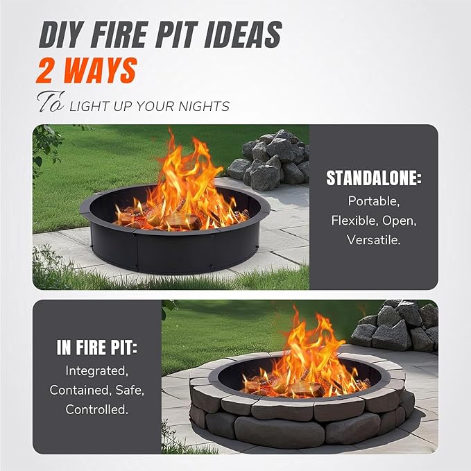 INNOSTAGE 36 Inch Fire Pit Ring (40 Inch Outer) Heavy Duty Steel Fire Ring for Outside Large Round Fire Pit Insert DIY Camping Fire Ring Above or In-Ground Black Carbon for Backyard Patio Bonfire