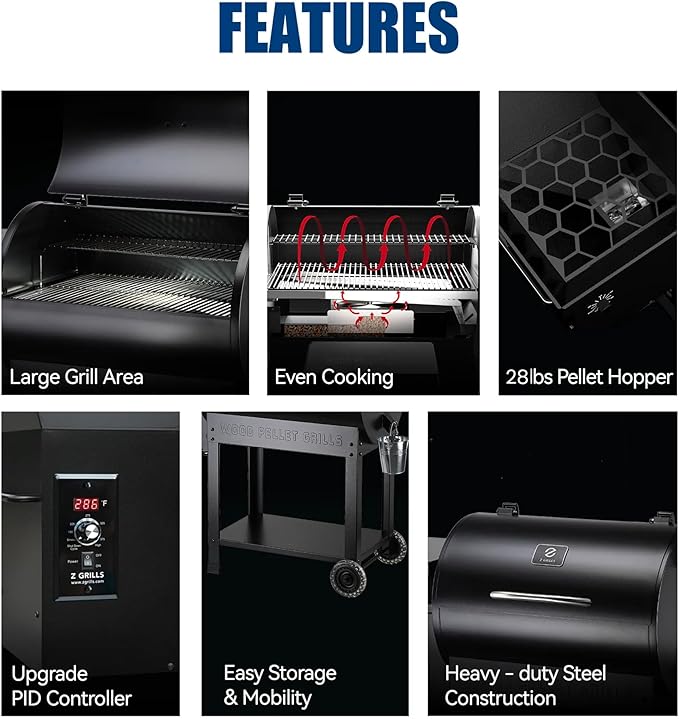 Z GRILLS 2026 Upgrade 8-in-1 BBQ Pellet Grill &amp Smoker 697 sq in Cooking Area PID Auto Temperature Control 28 lbs Hopper Capacity Outdoor Grill Black (Grill Cover Included)
