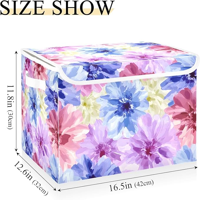 Storage Cube with Lid Flower Blue Red Print 16.5×12.6×11.8 IN 1 Pack Collapsible Large Capacity Foldable Storage Basket Bin Organizer