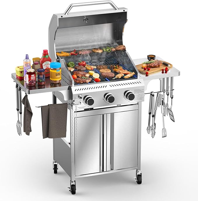 Electactic G31 Gas Grill 3-Burner Gas Grill with Folding Side TablesStainless Steel 24000 BTU BBQ GrillOutdoor Propane Grill for BarbecuePatioCamping