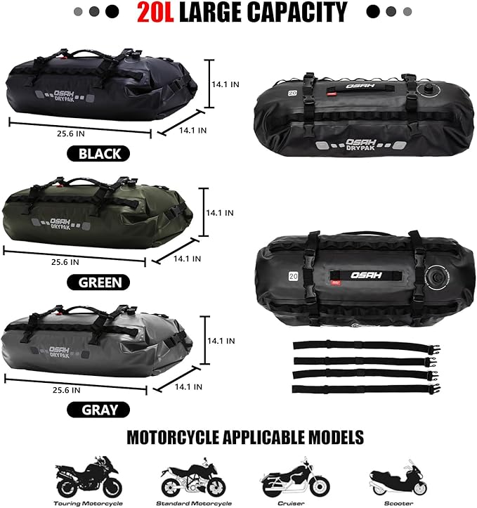 Waterproof Duffel&amp Luggage Bag - Motorcycle Dry Bag Tail Saddle Bags with Roll Top ClosureLarge Storage Spacefor Camping Kayaking Fishing &amp Traveling(Green 20L)