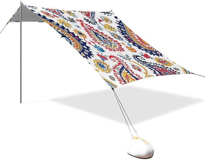 ALAZA Paisley Ikat Flower Beach Tent Sun Shelter UPF50+ Protection Beach Shade Canopy w/ 4 Sandbags for Outdoor Camping Fishing Backyard Fun Picnic 10x9 ft