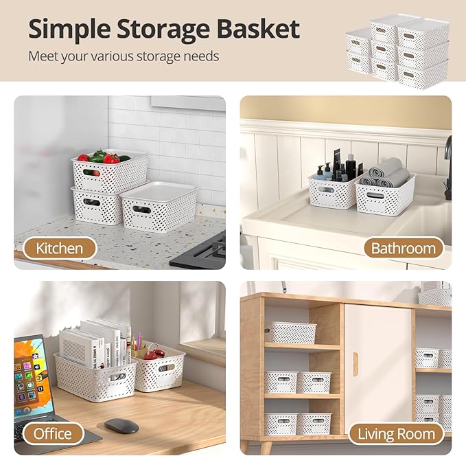 Plastic Storage Bins with Lid Stackable Small Box Basket for Organizing and Containers for Shelves Drawers Desktop Closet Playroom Pantry Classroom Office Home 8-pack 10.2x7.2x4.1 Inch White