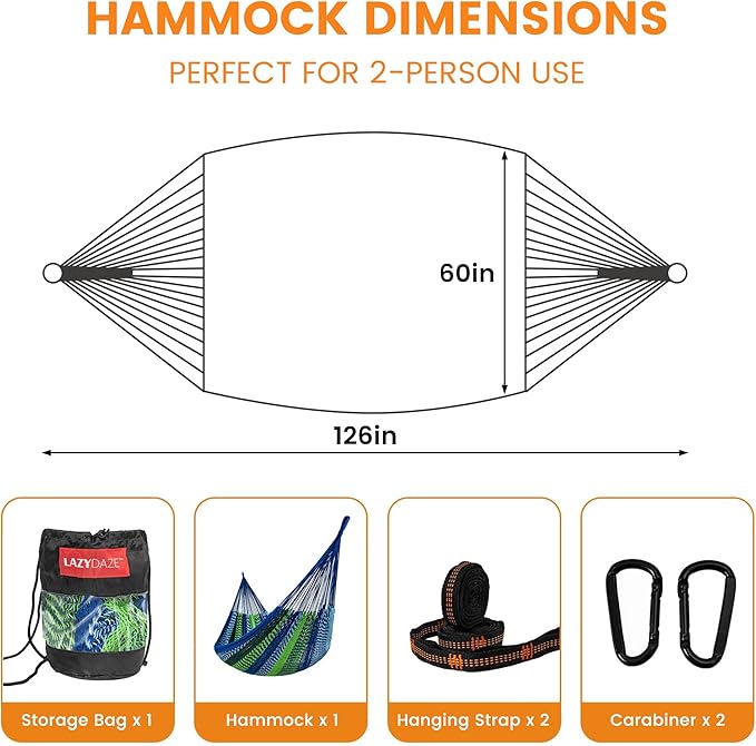 Lazy Daze Hammocks Handwoven Mayan Hammock 10.5 FT Soft Rope Double Hammocks Portable Outdoor Hammock with Carry Bag 2 Straps &amp Carabiners for Patio Outside 550 lbs Weight Capacity Blue/Green