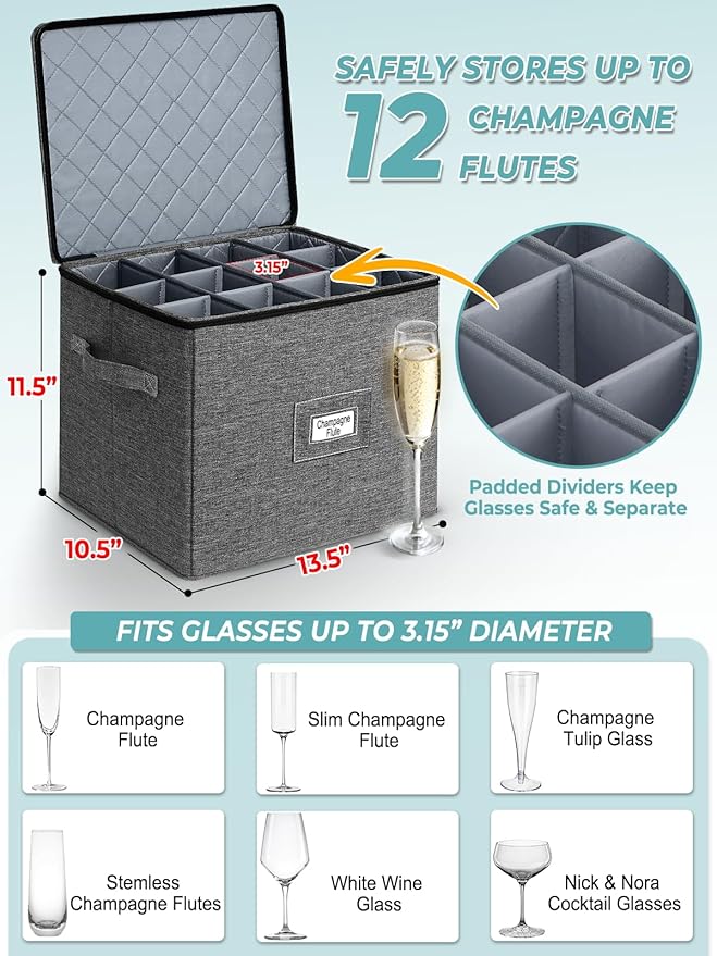Cirhy 2 Pack Champagne Glass Storage Box Hard-Shell Protection with Dividers Stackable Glassware Organizer for Moving &amp Storage Fits Flutes Stemware &amp Wine Glasses