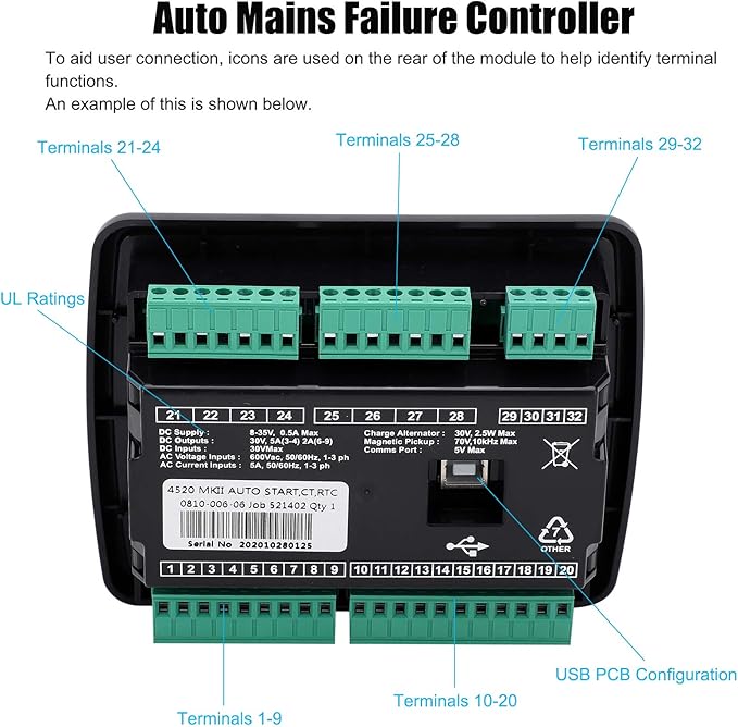 DSE4520 AMF Control Module Automatic Transfer Switch with LCD Display Generator Auto Start Controller Mains Failure Detection Self Starting Kit
