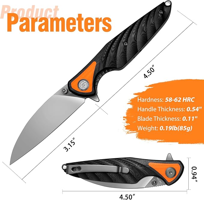 FINTISO Pocket Knife 3.15 Folding Knife Premium 14C28N Blade Black and Orange G10 Handle Bicolour Design with Liner Lock Pocket Clip for Men Women Small EDC Knife for Camping Hunting Hiking Surv