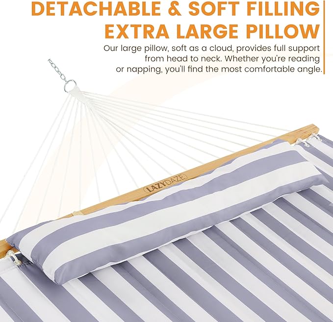 Lazy Daze Hammocks 12FT Quilted Fabric Double Hammock with Spreader Bars and Detachable Pillow 2 Person 450 lbs Capacity Gray White