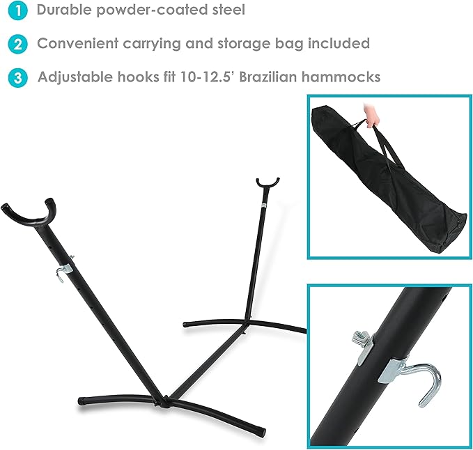Sunnydaze Brazilian Portable Steel Hammock Stand for Outside with Carrying Case - 400-Pound Capacity Hammock Frame - Black Finish