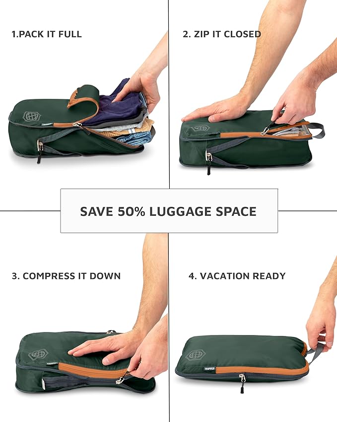 Large Compression Packing Cubes for Travel-Packing Cube Luggage Organizers 7 Piece Set for Checked Luggage-Ultralight Expandable/Compression Bags by TRIPPED Travel Gear (Green and Brown)