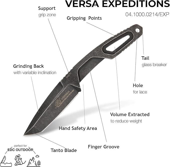 Extrema Ratio - Versa (Black - Expeditions) Fixed Blade Knife Böhler N690 Steel Blade with Dark Stone Finish Lightweight Aluminum Handle Ergonomic Design Precision Italian Craftsmanship