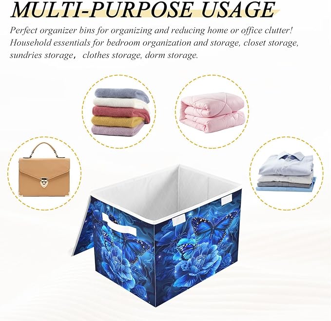 MNSRUU Containers Baskets with Lids Blue Rose Butterfly Fabric Foldable Storage Bins Organizer with Lid Collapsible Storage Boxes for Home Bedroom Closet Office