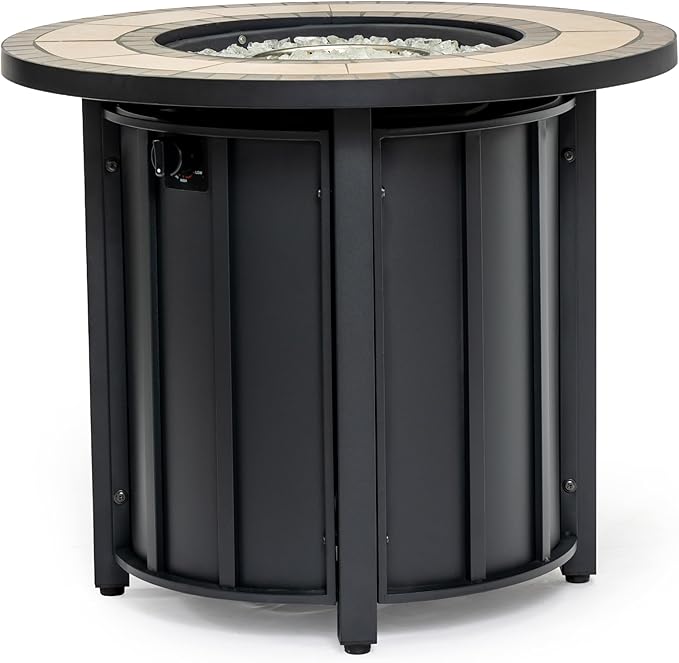 30'' Marble Ceramic Round Propane Fire Pit Table 50000 BTU Gas FirePit for Outdoor Fire Table with Lid Warmth &amp Ambience to Gatherings and Parties On Patio Deck Garden Backyard Black.