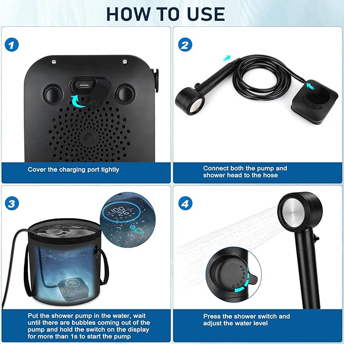 Portable Shower for Camping [Upgraded] Spopal 8000mAh Rechargeable Camping Shower with 5 Adjustable Speeds 4 Spray Modes with Collapsible Bucket with Handle 20L for Hiking Travel Car Pet