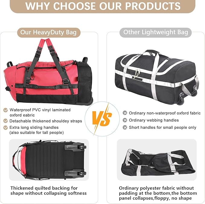 Rolling Duffle Bag with Wheels86L 30”Carry on Luggage with WheelsFolding Travel BagDuffle Backpack with Separate Shoe Compartment (red)