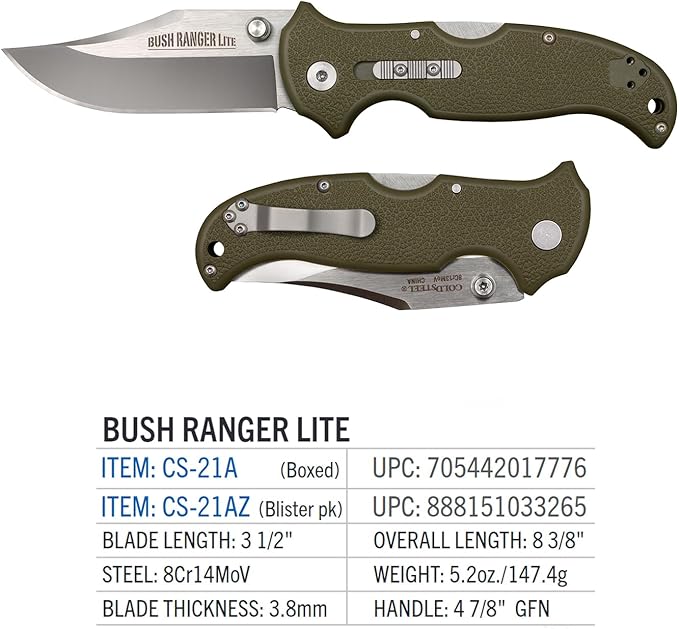 COLD STEEL Bush Ranger Lite 3.5 8Cr13MoV Razor-Sharp Blade 4.875 GFN Easy-To-Grip Handle Everyday Carry Hunting Folding Knife w/Rocker Lock