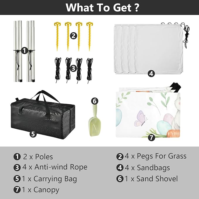 xigua Easter Bunny Beach Tent Sun Shelter with Carrying Bag - Silver Coated Oxford Fabric Beach Canopy for Beach Camping Fishing - Includes Windproof Ropes Sandbags &amp Stakes