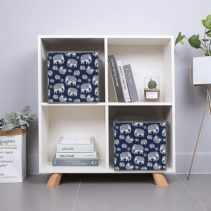 Foldable Cube Storage Organizer with Handles Navy Elephant Durable Collapsible Fabric Bin for Travel &amp Camping Portable Organizer for Gear &amp Supplies