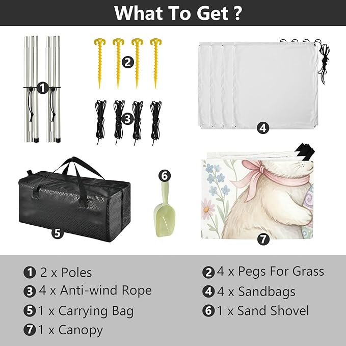 xigua Easter Bunny Beach Tent Sun Shelter with Carrying Bag - Silver Coated Oxford Fabric Beach Canopy for Beach Camping Fishing - Includes Windproof Ropes Sandbags &amp Stakes
