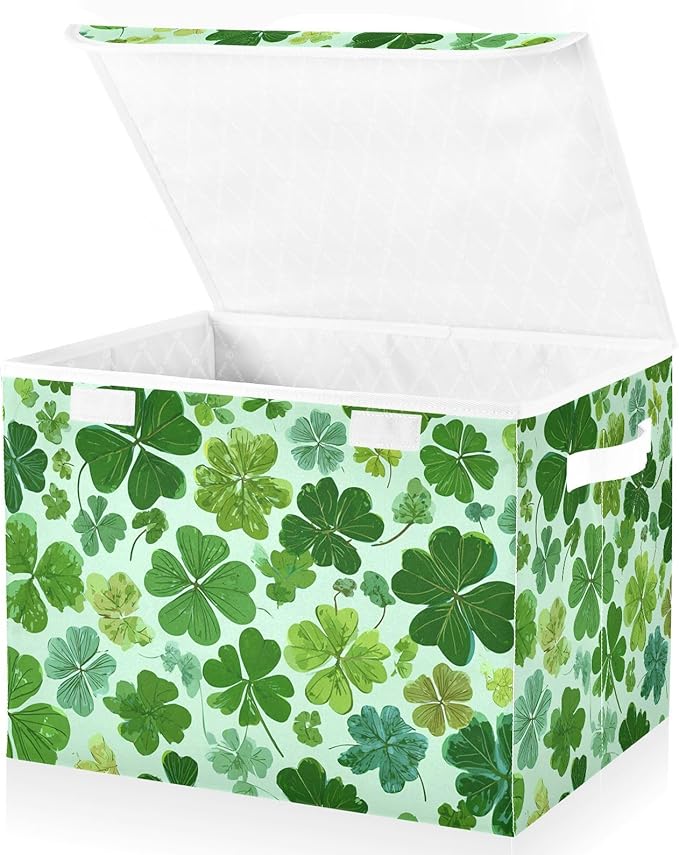 Mint Green Clover Leaf Speckle Storage Box with Lid 1 PC Foldable Storage Bin with Lids Stackable Storage Bins Cube Closet Organizer Basket with Flip-Top Lid &amp Handles for Shoes Books Towels