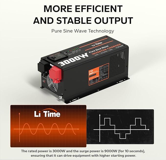 LiTime 3000W Inverter Charger Pure Sine Wave Inverter 12V DC to 120V AC 9000W Peak Power UPS Function 5A - 45A Adjustable Current LCD Remote Control for RV Home Backup Truck Boat