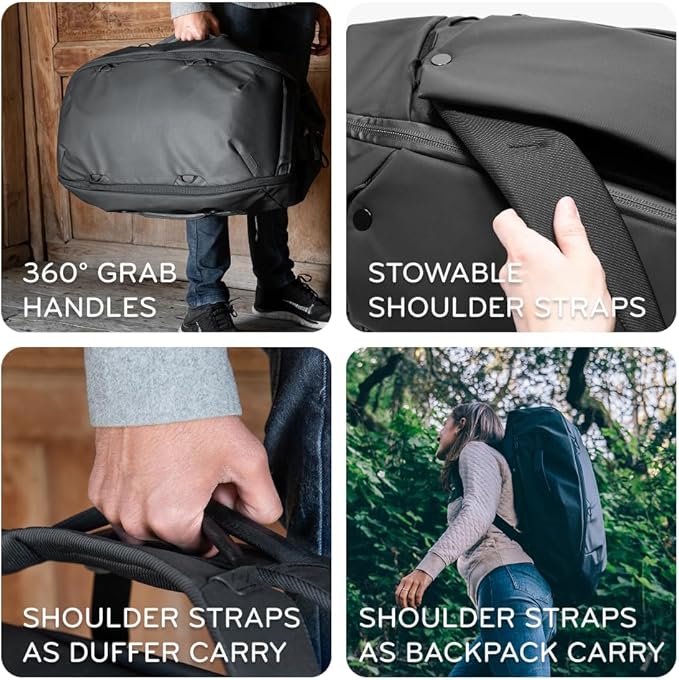 Peak Design Travel Duffelpack 45-65L Eclipse Weatherproof Duffel Backpack Expandable Extra-Long Zip Stowable Straps Fits Packing &amp Camera Cubes Versatile Bag for Travel &amp Adventure