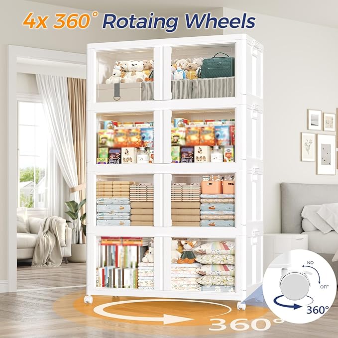 150Gal/600QT 3-Tier Stackable Collapsible Storage Bins Extra Large Closet Organizers with Lid &amp Wheels &amp Doors Foldable Plastic Cabinet Container for Clothes Snack Craft Organizing White
