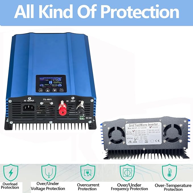 TINGEN 1000W Grid Tie Inverter with LCD Display Solar Panel DC Input 26V-45V Battery Voltage 24V AC Output 90V-140V