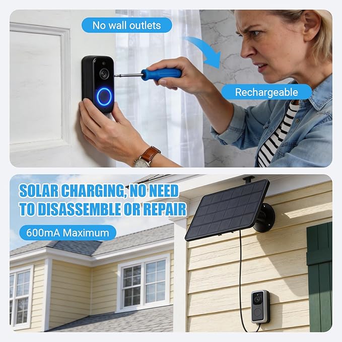 Solar Panel for Ring Doorbell 10W Solar Charger IP66 Waterproof 360° Adjustable for Doorbell 2K Camera Video Doorbell 2 (Not for 2nd) Doorbell 3 Video Doorbell 3+ Doorbell 4 Plus