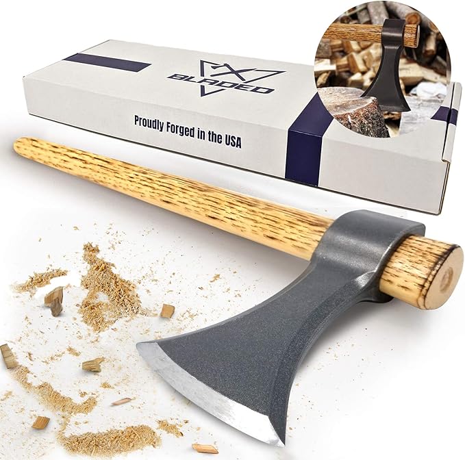 BLADED Throwing Hatchet w/Sheath - Made in USA Axe w/Forged 4140 Steel Head &amp 100% American Hickory Wood Handle - Small Competition &amp Survival Tomahawk - Kindling Camping &amp Chopping Metal