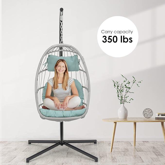 Egg Hanging Chair with Stand Hammock Egg Chair Indoor Outdoor Wicker Rattan Hanging Swing Chair Basket Egg Chair Aluminum Steel Frame and UV Resistant Cushion for Bedroom Garden Backyard Light Blue