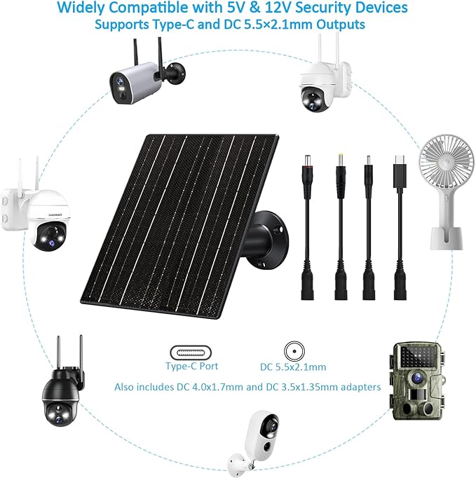 10W Solar Panel with 10400mAh Battery for Security &amp Trail Cameras 5V/12V Adjustable Output USB-C &amp DC Plugs IP66 Waterproof 360° Mount 9.8ft Cable