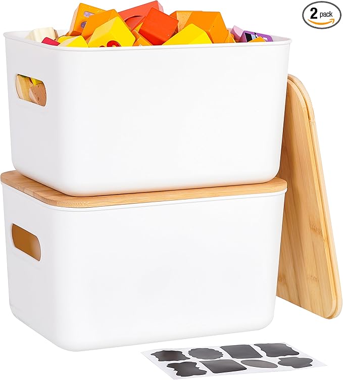 Citylife Storage Bins with Bamboo Lids 7QT Plastic Storage Containers Stackable Organizer Boxes with Handle for Desk Snacks Toys 2 PCS 10 L x 7 W x 5.8 H