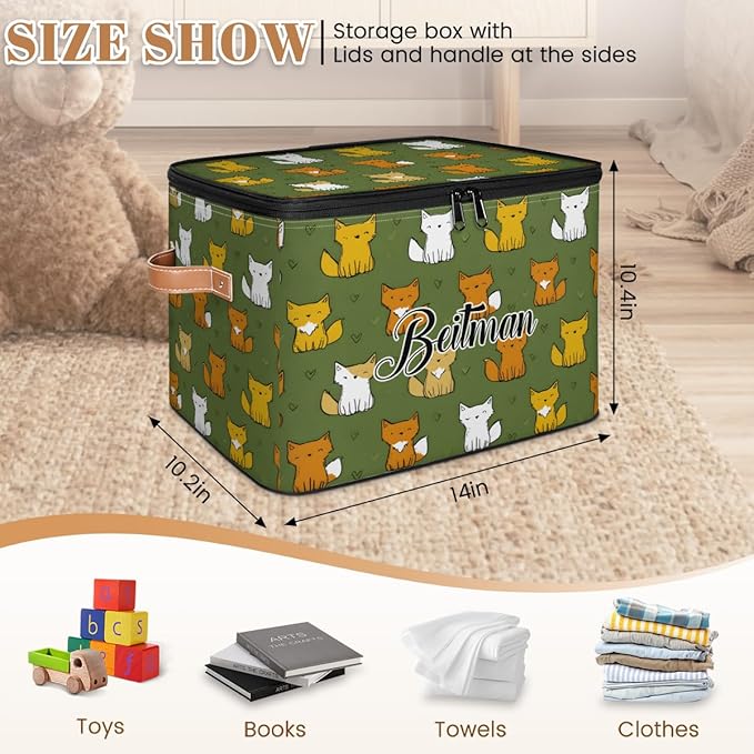 Storage-Bins with Lids Personalized Closet-Storage-Bins Under-Bed Stackable-Cubes-Box for Home Bedroom Fox Green