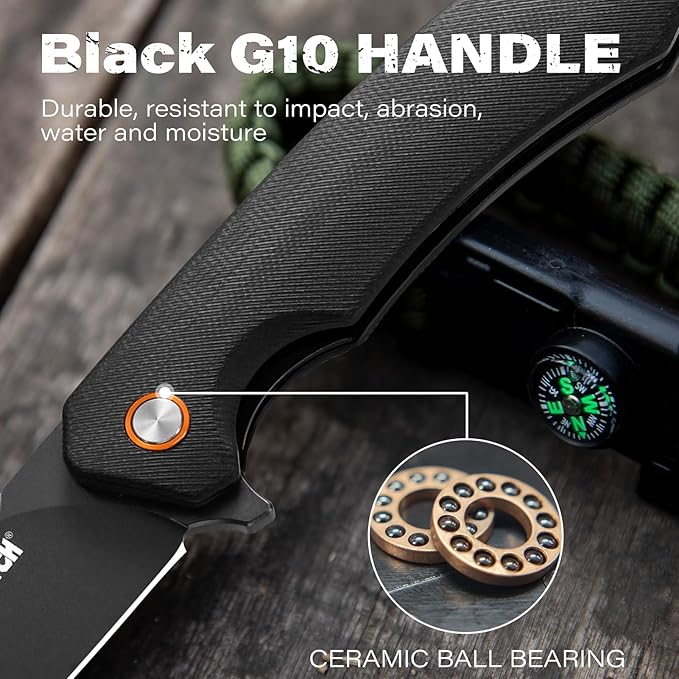 DISPATCH Black EDC Folding Knife with 3.3'' D2 Steel Blade Flipper Pocket Knife for Men Gifts Ball Bearing Liner Lock CNC G10 Handle and Reversible Clip for Tactical Camping Hiking and Everyday C