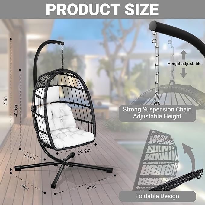 CHABATREE Egg Chair with StandPatio Rattan Wicker Hanging Swing Egg Chair Hammock Chair for Bedroom Porch GardenThickened Aluminum Alloy Steel Frame and UV Resistant Cushion350LBS Capacity