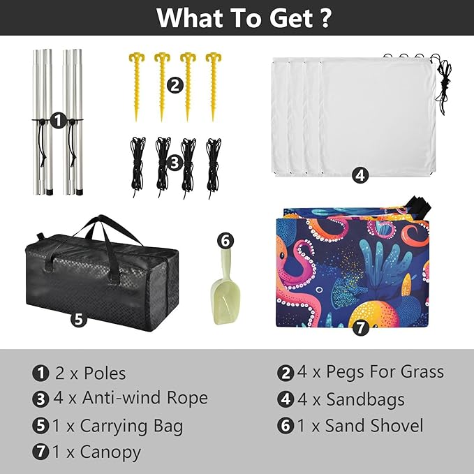 ALAZA Octopuses Seaweed Beach Tent Sun Shelter UPF50+ Protection Beach Shade Canopy w/ 4 Sandbags for Outdoor Camping Fishing Backyard Fun Picnic 10x9 ft