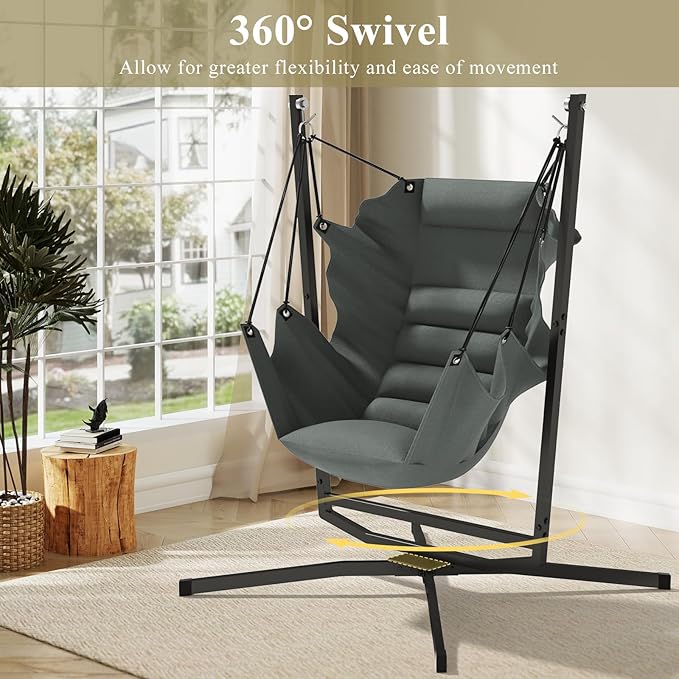 360° Swivel Hammock Swing Chair with Stand - Comfortable Hanging Chair with Cushions (400 lbs Capacity) for Indoor/Outdoor Use - Perfect for Bedroom Patio Porch Deck Garden Balcony