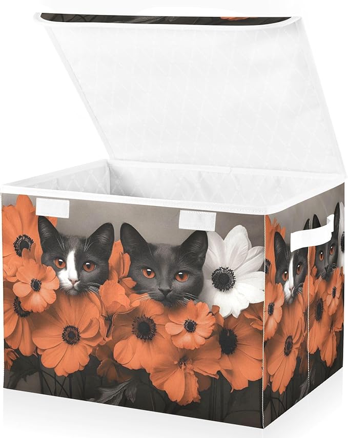 AIXIWAWA Lidded Storage Cube (Cats Flower) Fabric Foldable Closet Bins with Flip Lid and Handles Organizer Basket Container 16.5 x 12.6 x 11.8 IN