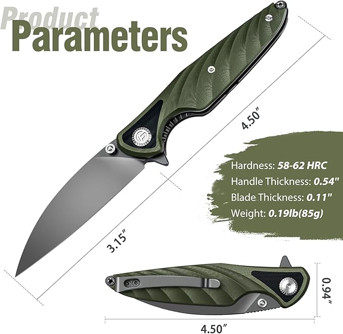 FINTISO Pocket Knife 3.15 Folding Knife Premium 14C28N Blade Bicolour Green and Black G10 Handle Design with Liner Lock Pocket Clip for Men Women Small EDC Knife for Camping Hunting Hiking Survi