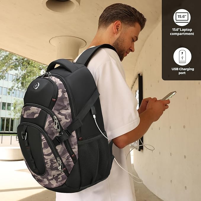 Swissdigital Design Laptop Backpack with USB Charging Port Travel Backpack Fits 15.6 inches Computer 31L College School Backpack for Men Khaki Camo | SD803-94