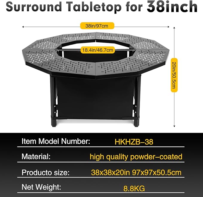 38 Inch Fire Pit Surround Tabletop for Solo Stove Bonfire up to 17.5 and Most Wood Burning Fire Pits 18.4 in Inner Coated Metal Outdoor Fire Pit Table with 360° Safety Barrier