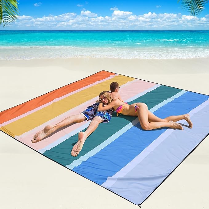 Beach Blanket Waterproof Sandproof Beach Mat 79 X 83/10'x9'for 2-8 Adults Quick Drying Outdoor Picnic Mat Beach Accessories for Travel Camping Hiking