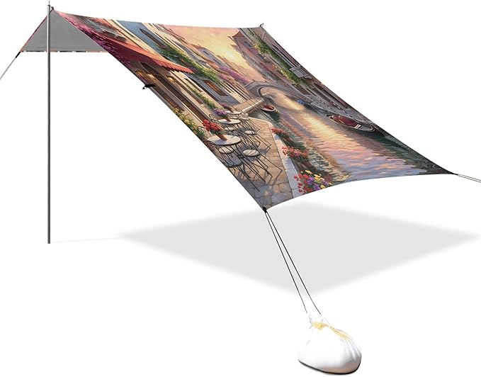 Landscape Beach Canopy Sun Shelter with Sandbags &amp Sand Shovel &amp Windproof Ropes - Portable 110x126 Beach Shade Beach Tent for Camping Picnics