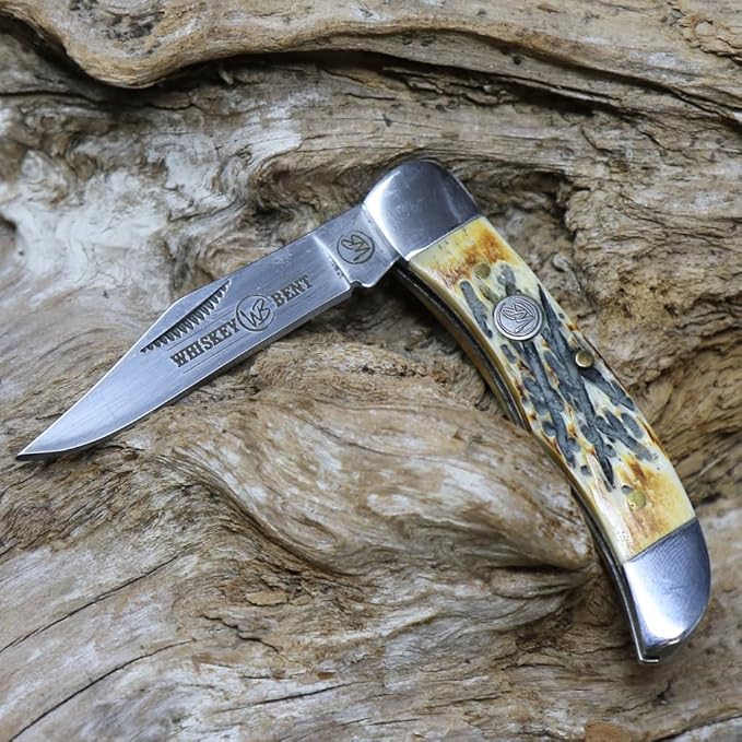 WHISKEY BENT HAT CO. Mini Hunter Folding Pocket Knife 2.75 Closed Length 440C Stainless Steel Blade (Stag Bone)