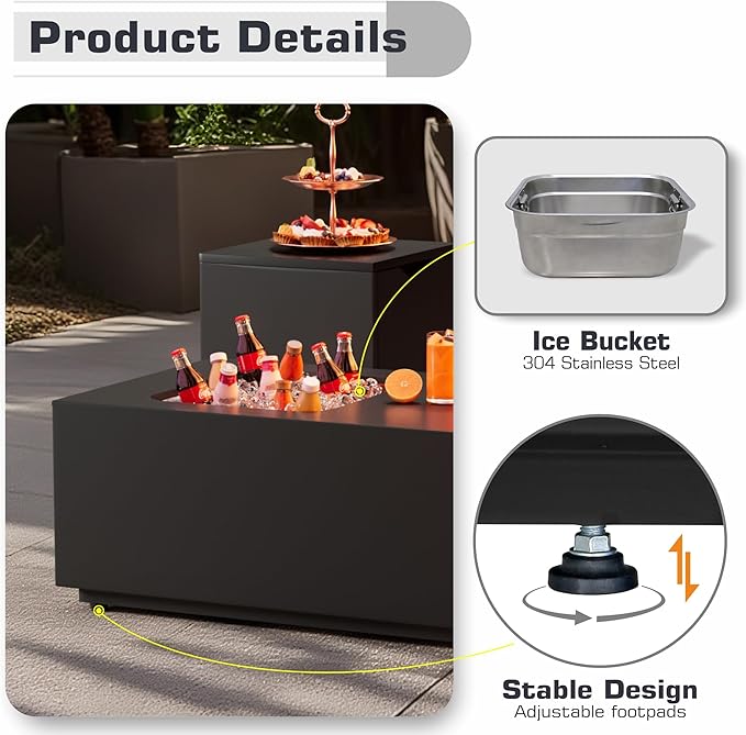 2-Piece 48 Rectangular Propane Fire Pit for Outside Patio with Hidden Tank Table &amp Ice Bucket 50000 BTU Fireplaces with Lid Glass Rocks Cover(Black w/Ice Bucket)