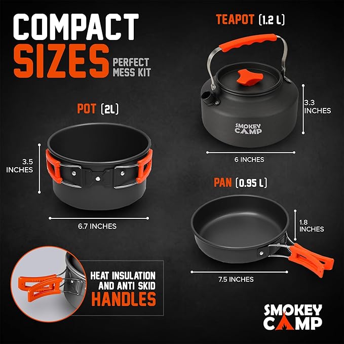 Smokey Camp Camping Cookware Mess Kit Set with Stove - Backpacking Camping Pots and Pans Set All in One Non-Stick Camping Cooking Set Portable Stove Hiking Picnic Outdoor &amp Camping Cookware S